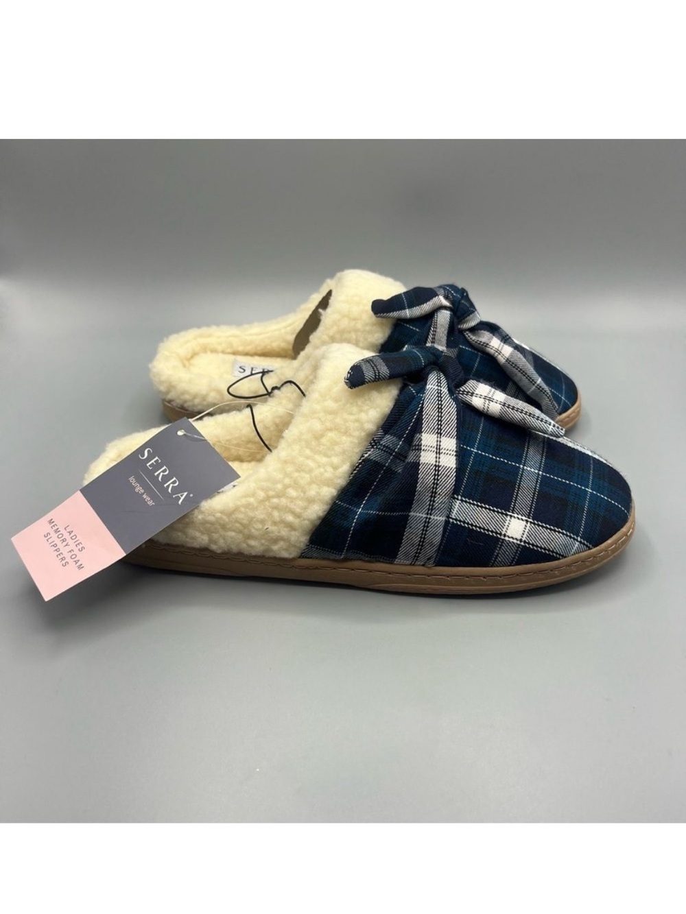 Serra Blue and Cream Plaid Memory Foam Slippers NWT